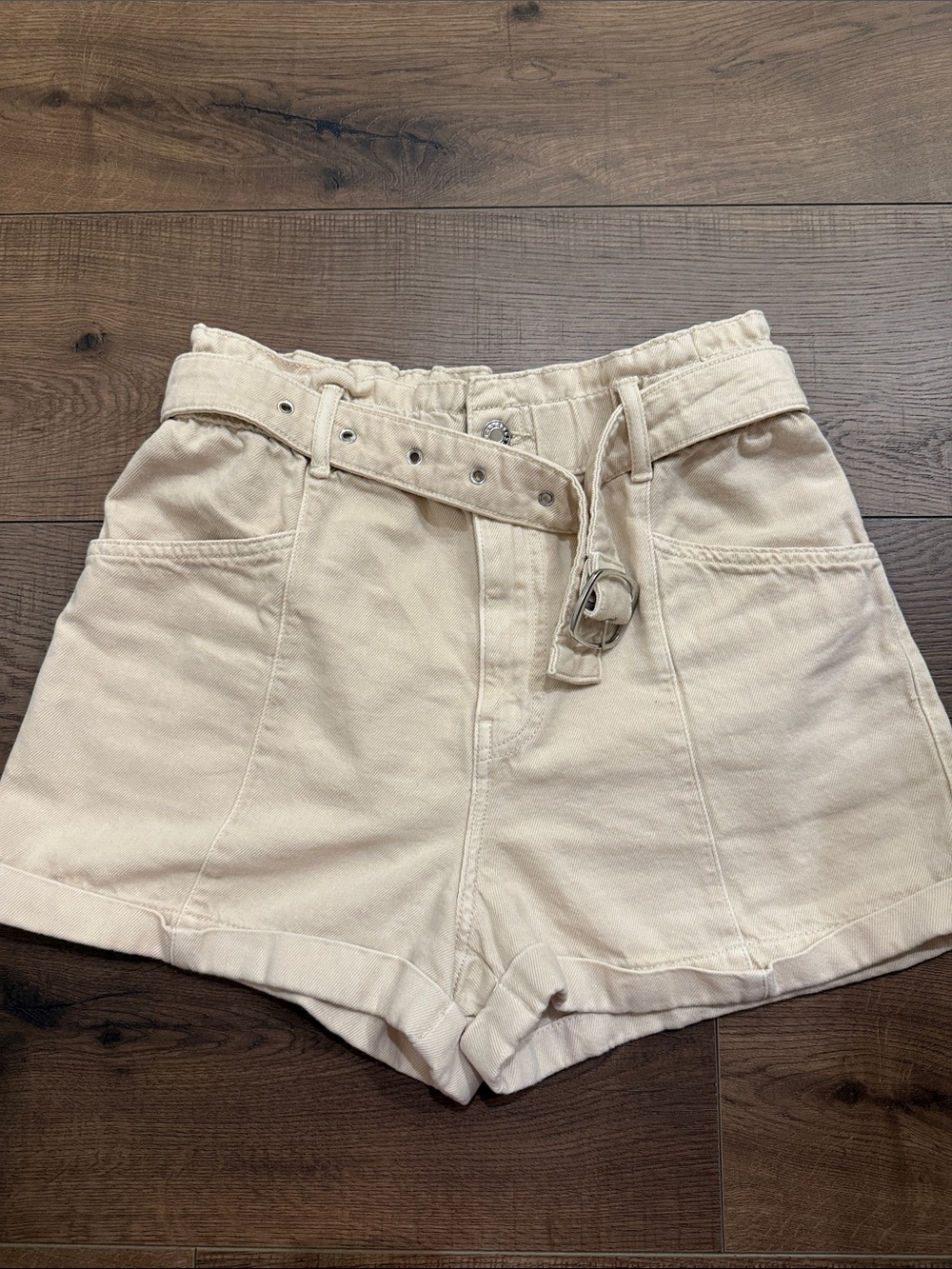 Mango High-Waist Cream Paperbag Belted Shorts